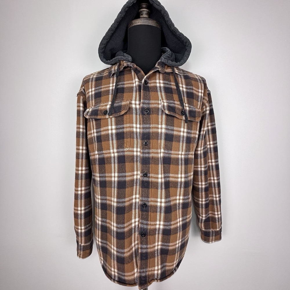 American Eagle Shacket Men's L Brown Black Cotton Flannel Hooded Outdoor Jacket